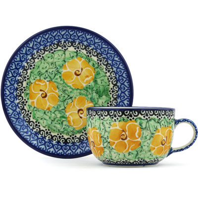 Polish Pottery Cup with Saucer 9 oz Delicate Gold UNIKAT