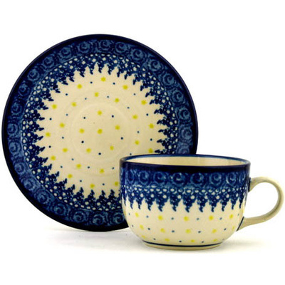Polish Pottery Cup with Saucer 9 oz Evening Frost
