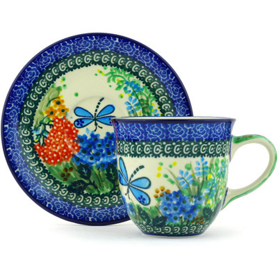 Polish Pottery Cup with Saucer 9 oz Garden Delight UNIKAT
