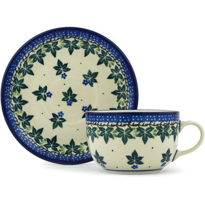 Polish Pottery Cup with Saucer 9 oz Ivy Leaves