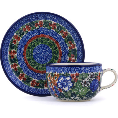 Polish Pottery Cup with Saucer 9 oz Meadow At Night UNIKAT
