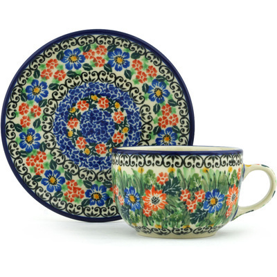 Polish Pottery Cup with Saucer 9 oz Peaceful Meadow UNIKAT