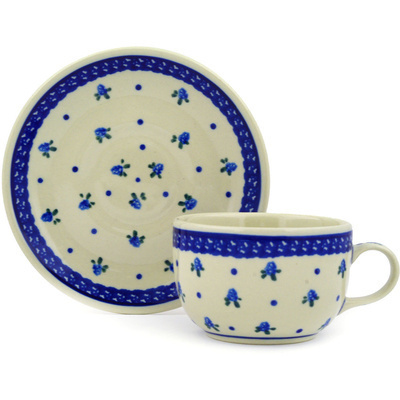 Polish Pottery Cup with Saucer 9 oz Polish Dots