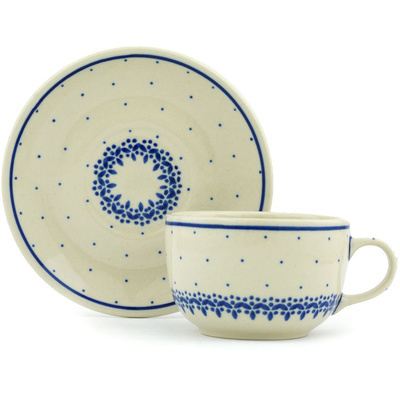 Polish Pottery Cup with Saucer 9 oz Polka Dot Bouquet