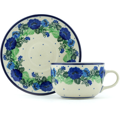 Polish Pottery Cup with Saucer 9 oz Ring Of Blue UNIKAT