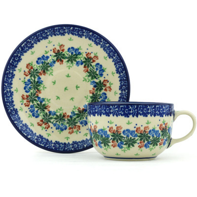 Polish Pottery Cup with Saucer 9 oz Snapdragon Bouquet