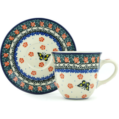 Polish Pottery Cup with Saucer 9 oz Spring Butterfly