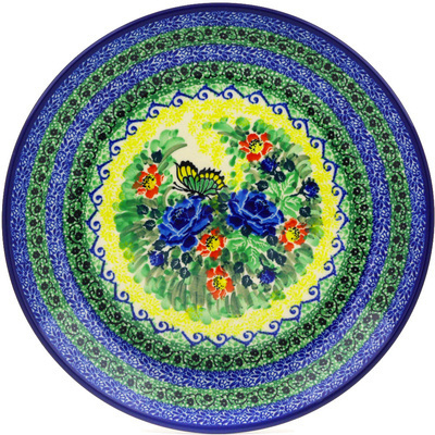 Polish Pottery Dinner Plate 10&frac12;-inch Blue Rose Butterfly UNIKAT