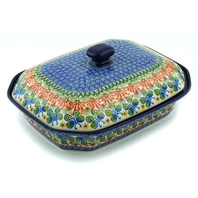 Polish Pottery Dish with Cover 12&quot; Butterfly Kalidescope UNIKAT