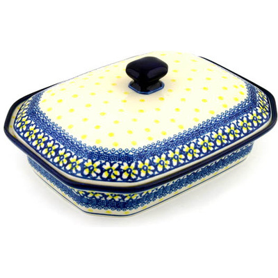 Polish Pottery Dish with Cover 12&quot; Yellow Polka Dot
