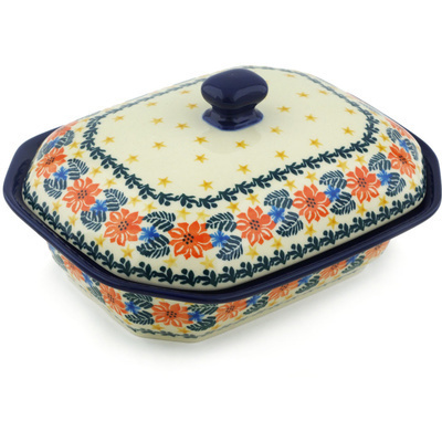 Polish Pottery Dish with Cover 8&quot; Poppy Inferno