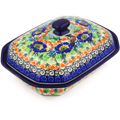 Polish Pottery Dish with Cover 8&quot; Proud Blue Jay UNIKAT