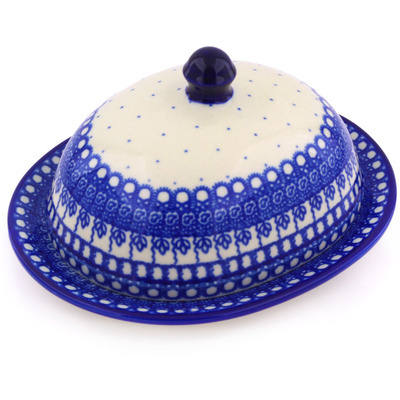 Polish Pottery Dish with Cover 9&quot; Basket Blues UNIKAT