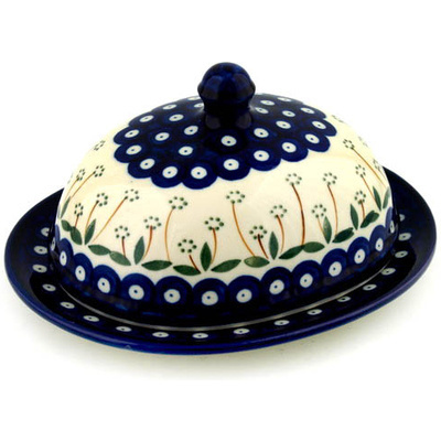 Polish Pottery Dish with Cover 9&quot; Pushing Daisy Peacock