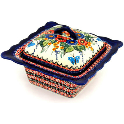 Polish Pottery Dish with Cover 9&quot; Spring Splendor UNIKAT