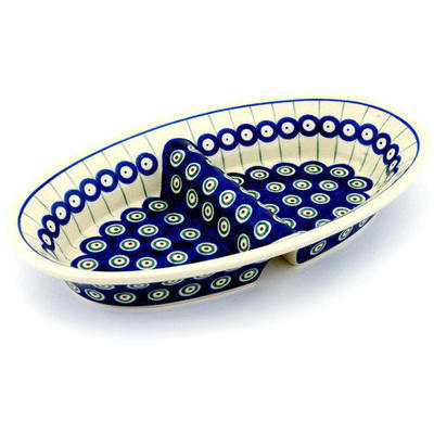 Polish Pottery Divided Dish 11&quot; Traditional Peacock