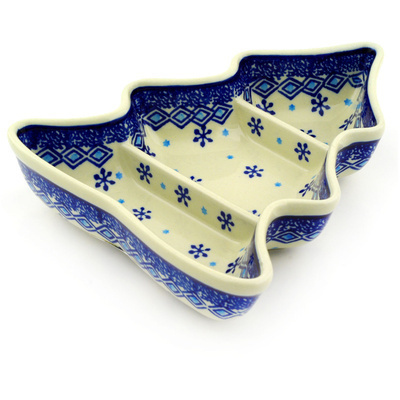 Polish Pottery Divided Dish 8&quot; Blue Snowflake