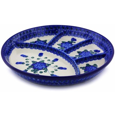 Polish Pottery Divided Dish 9&quot; Blue Poppies