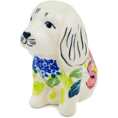 Polish Pottery Dog Figurine 4&quot; Maroon Blossoms UNIKAT
