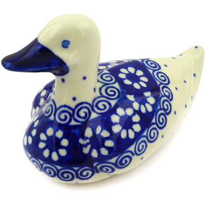 Polish Pottery Duck Figurine 5&quot; Blue Flowers And Lace