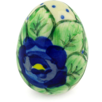 Polish Pottery Egg Figurine 2&quot; Blue Pansies UNIKAT