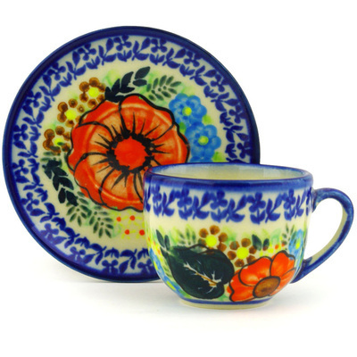 Polish Pottery Espresso Cup with Saucer 3 oz Bold Red Poppies UNIKAT