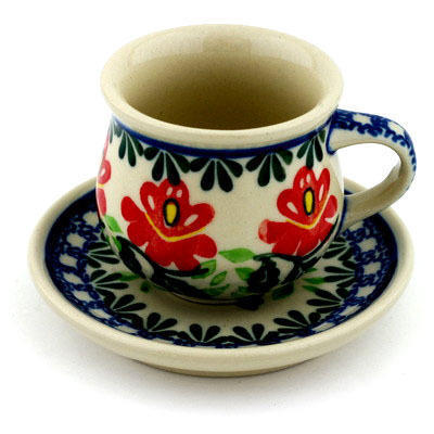 Polish Pottery Espresso Cup with Saucer 3 oz Christmas Rose