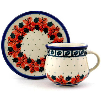 Polish Pottery Espresso Cup with Saucer 3 oz Holly Wreath