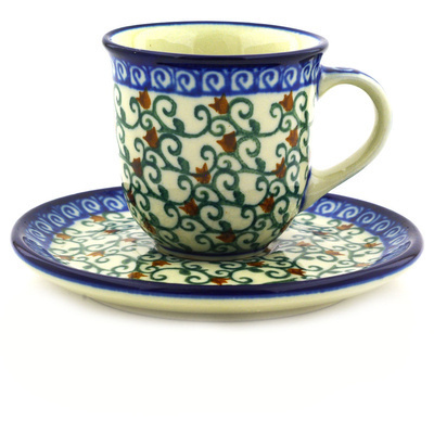 Polish Pottery Espresso Cup with Saucer 3 oz Vineyard Tulips