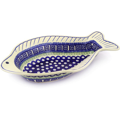 Polish Pottery Fish Shaped Platter 13&quot; Grecian Peacock