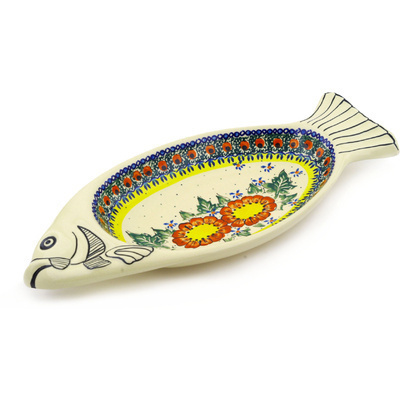 Polish Pottery Fish Shaped Platter 15&quot; Sunshine Bees UNIKAT