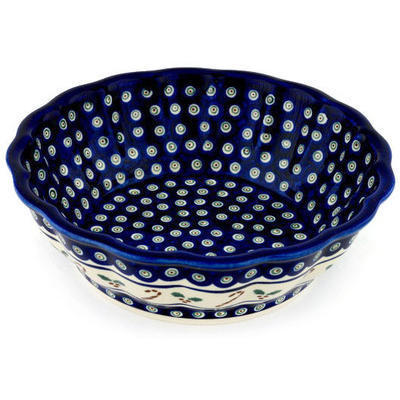 Polish Pottery Fluted Bowl 10&quot; Candy Cane Peacock