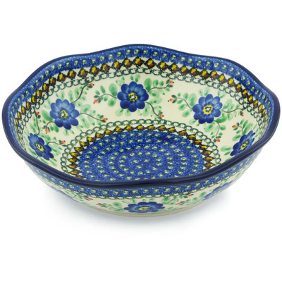 Polish Pottery Fluted Bowl 10&quot; Cobalt Poppies UNIKAT