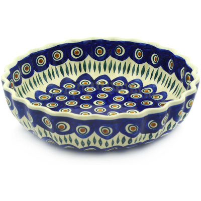 Polish Pottery Fluted Bowl 11&quot; Blue Peacock