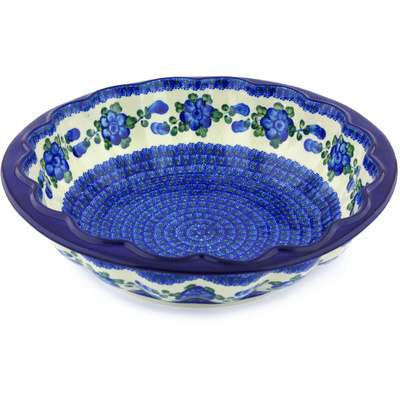 Polish Pottery Fluted Bowl 14&quot; Blue Poppies