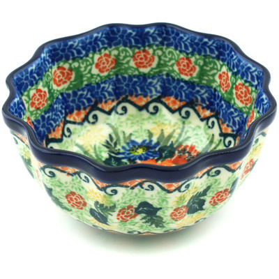 Polish Pottery Fluted Bowl 5&quot; Blue Bonnet Bounty UNIKAT