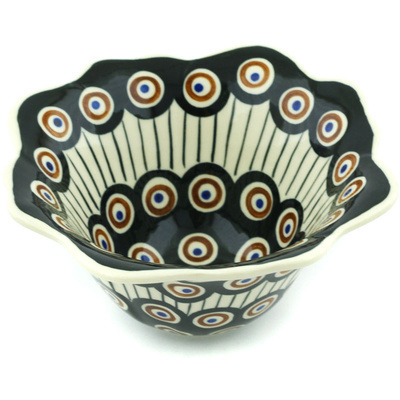 Polish Pottery Fluted Bowl 7&quot; Black Peacock