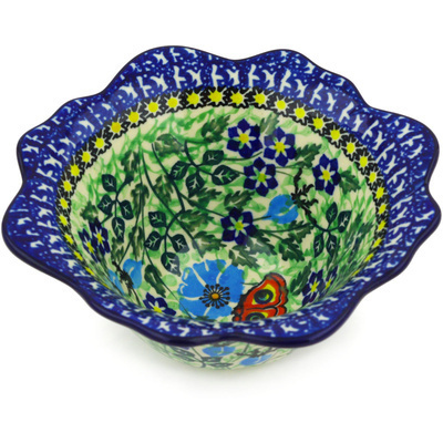 Polish Pottery Fluted Bowl 7&quot; Blossoms And Butterflies UNIKAT