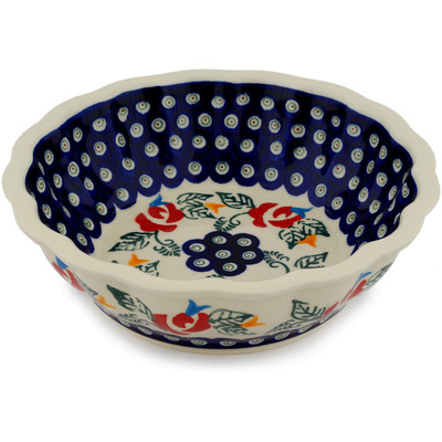 Polish Pottery Fluted Bowl 8&quot; Peacock Rose