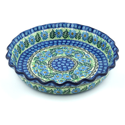 Polish Pottery Fluted Pie Dish 10&quot; Field Of Blue Daisies UNIKAT
