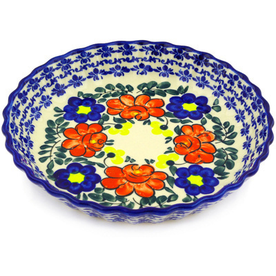 Polish Pottery Fluted Pie Dish 10&quot; Flower Party