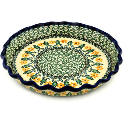 Polish Pottery Fluted Pie Dish 10&quot; Morning Blossoms