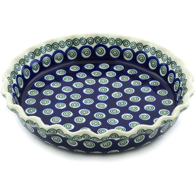Polish Pottery Fluted Pie Dish 10&quot; Swirling Peacock