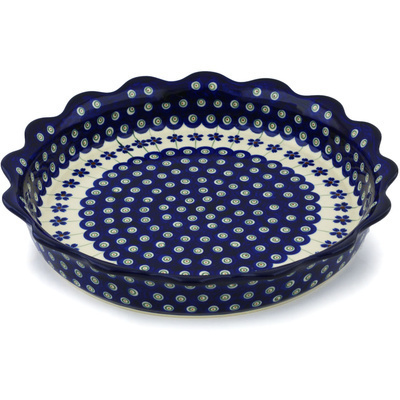 Polish Pottery Fluted Pie Dish 11&quot; Flowering Peacock