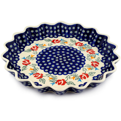 Polish Pottery Fluted Pie Dish 13&quot; Peacock Rose