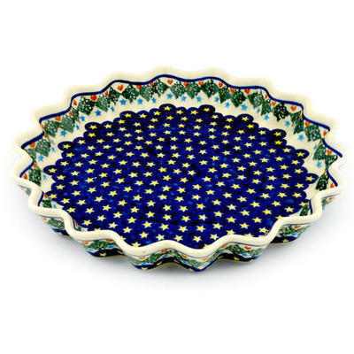 Polish Pottery Fluted Pie Dish 13&quot; Peacock Stars