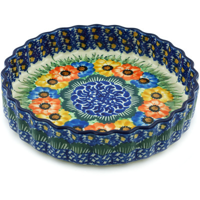 Polish Pottery Fluted Pie Dish 8&quot; Primary Poppy Chain UNIKAT