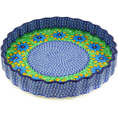 Polish Pottery Fluted Pie Dish 9&quot; Blue Poinsettia Wreath UNIKAT