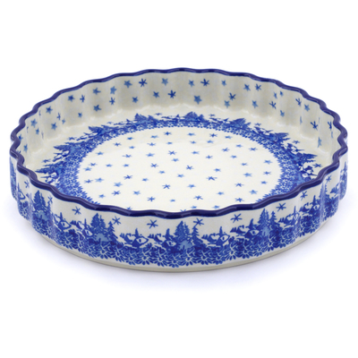 Polish Pottery Fluted Pie Dish 9&quot; Blue Winter