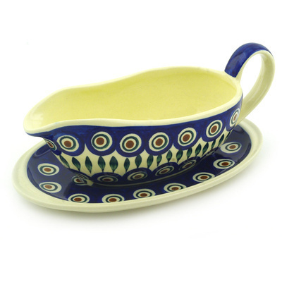 Polish Pottery Gravy Boat with Saucer 13 oz Blue Peacock